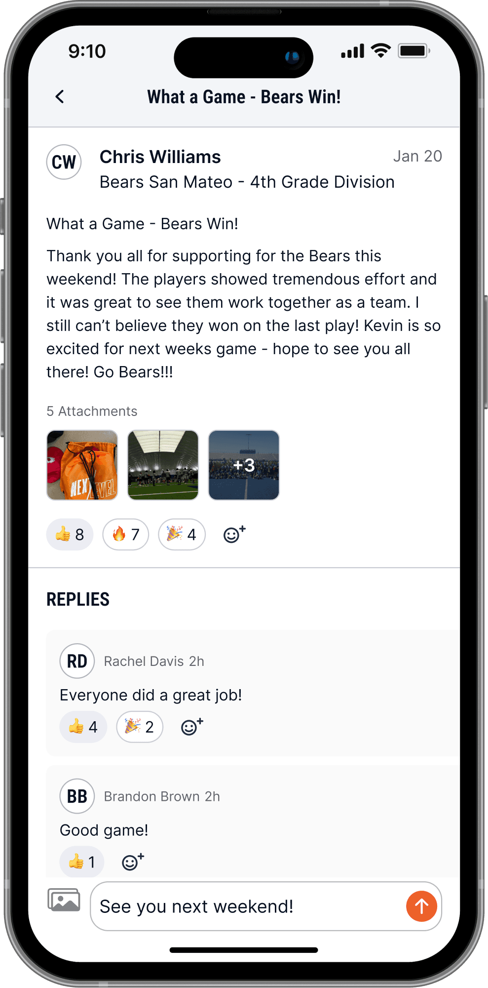 Next Level Sports app messages screen